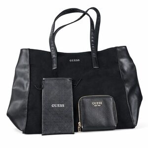 GUESS Y2K Black Suede Large Tote Bag Purse Bundle Wallet Sunglasses Case 3Pc